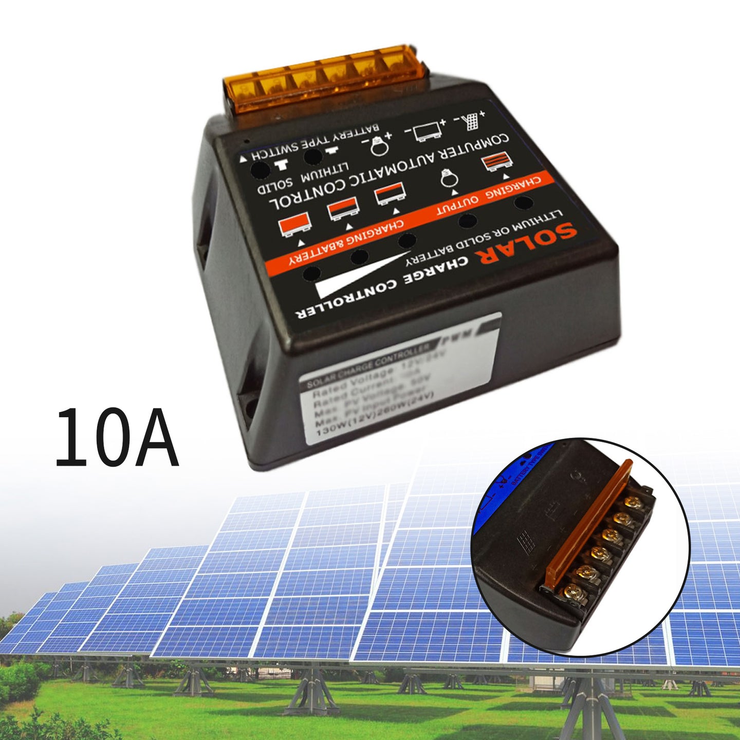 Solar Charge Controller PWM 10A 12V Solar Panel Battery Control Adapter Black