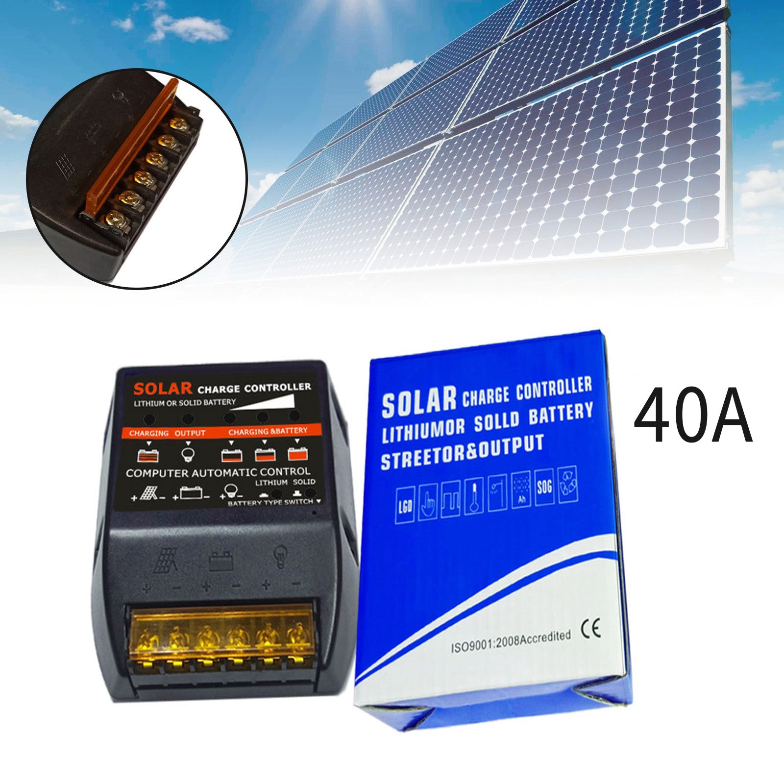 Solar Charge Controller PWM 40A 12V Solar Panel Battery Control Adapter Black