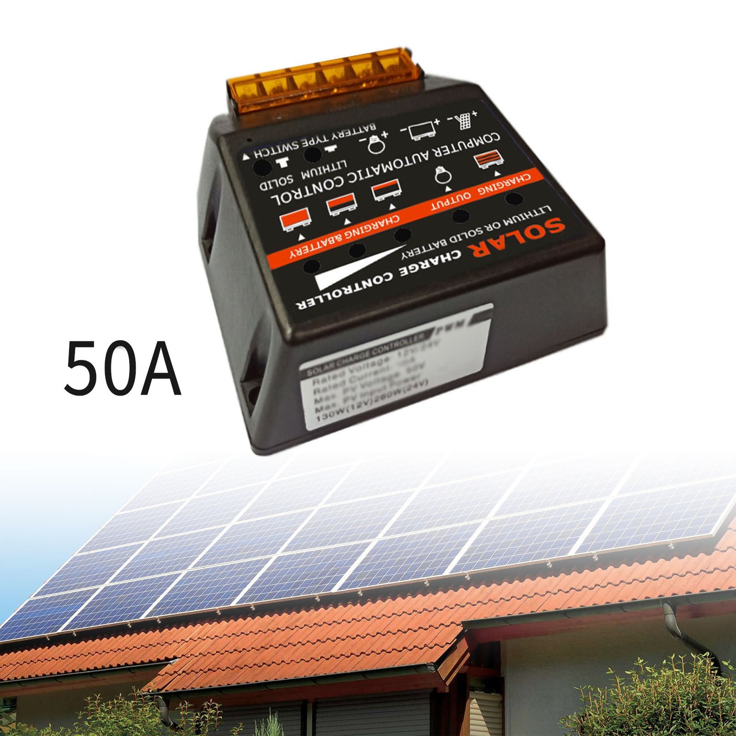 Solar Charge Controller PWM 50A 12V Solar Panel Battery Control Adapter Black