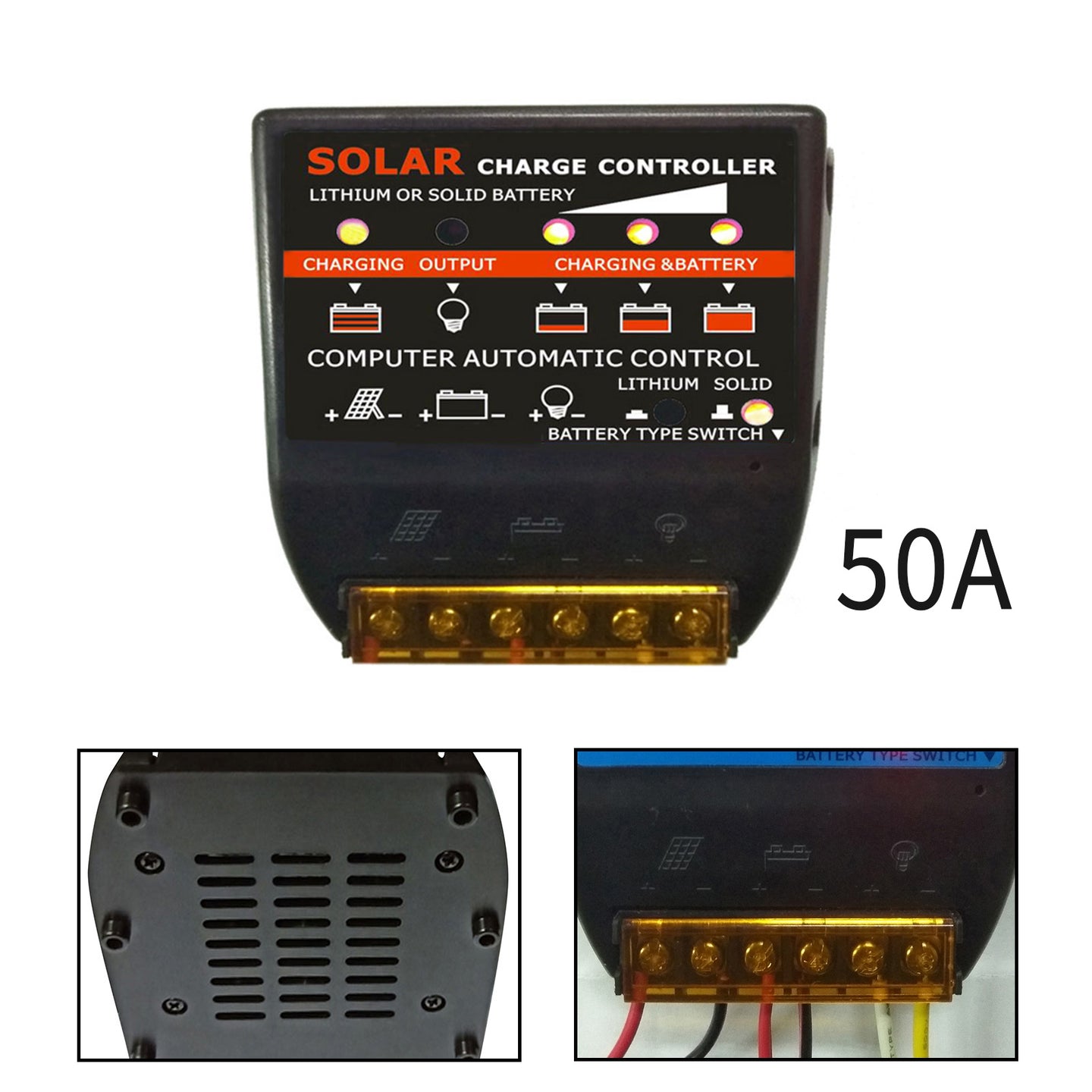 Solar Charge Controller PWM 50A 12V Solar Panel Battery Control Adapter Black