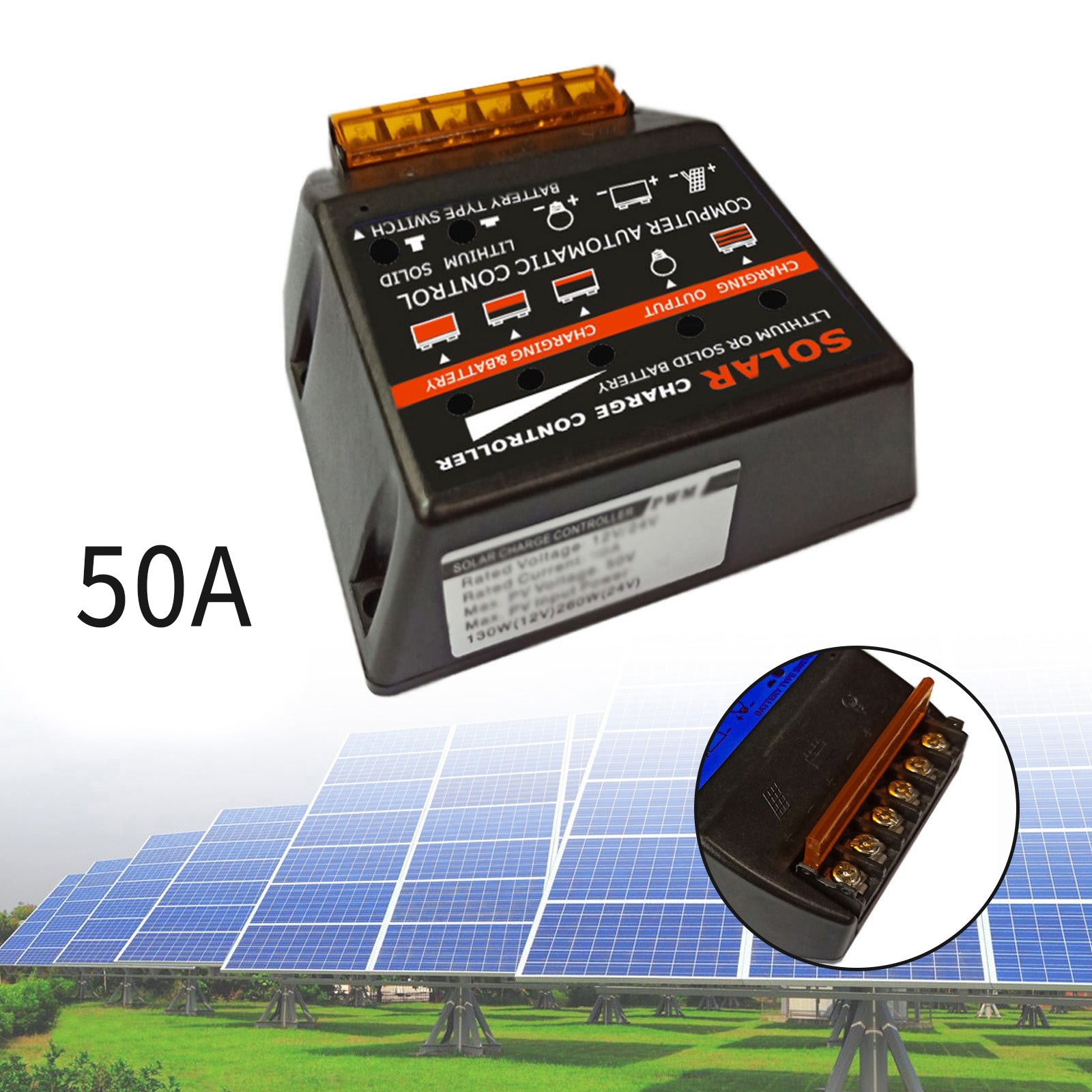 Solar Charge Controller PWM 50A 12V Solar Panel Battery Control Adapter Black