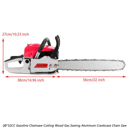 20 inches - 52CC Gas Powered 2 Cycle Manual Gasoline Chainsaw - Sawing Cutting Pruning and Trimming Wood