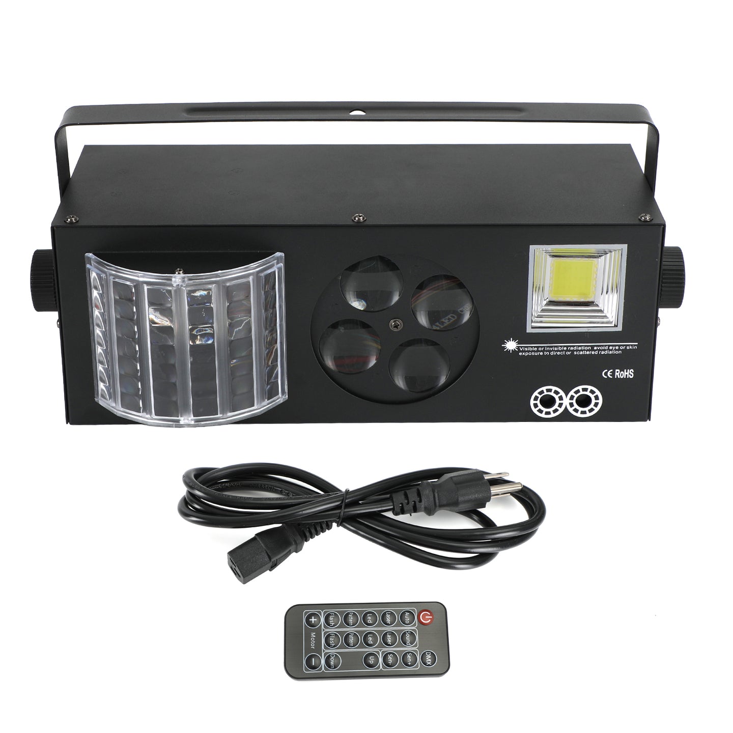 4-in-1 LED DJ Party Light with RGBW Pattern, Laser & Strobe Effects, DMX & Remote Controlled Stage Lighting