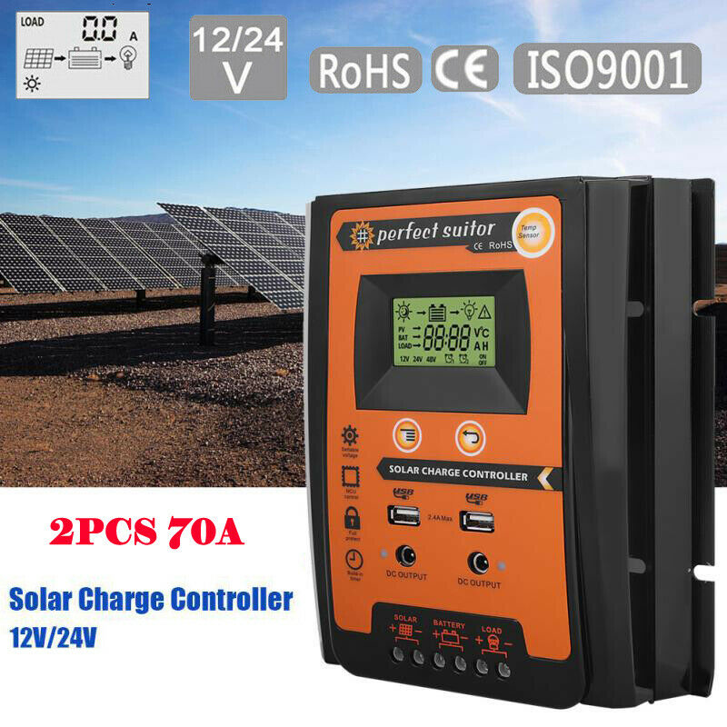 2pcs 12/24V 70A Solar Charger Controller Regulator Battery Panel
