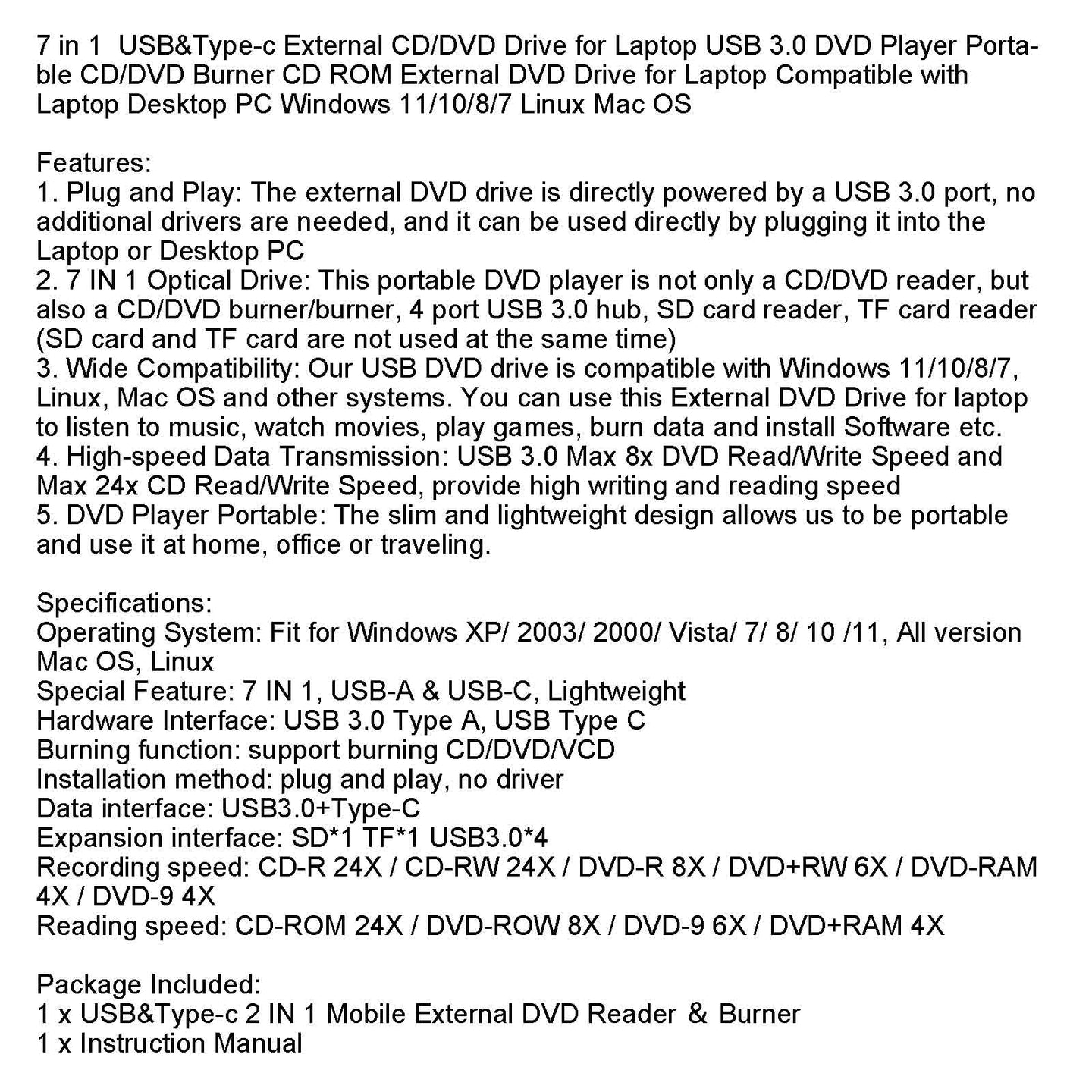 7 in 1 External CD/DVD Burner Drive USB 3.0 Type-c Type A CD-ROM Laptop,External CD/DVD Drive for Laptop 7 in 1 USB 3.0 DVD Player Portable