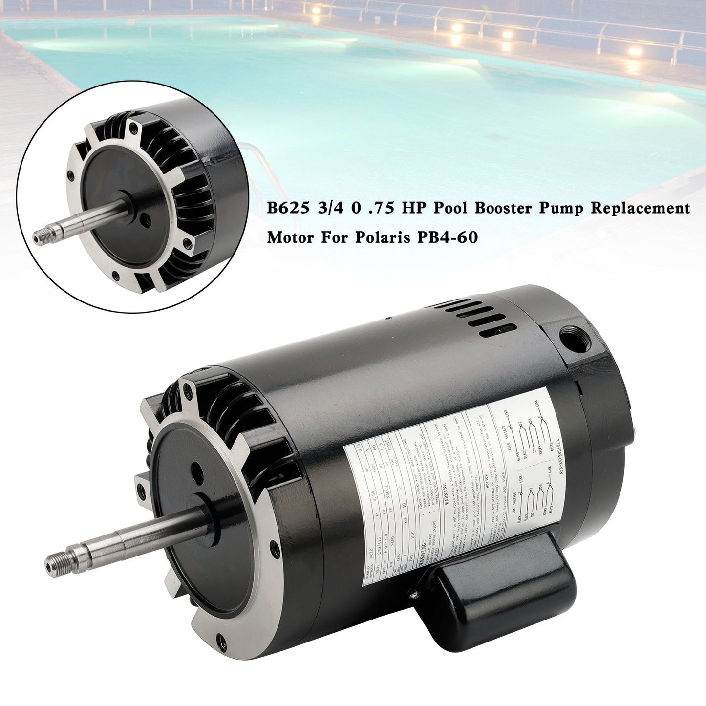 B625 Pool Booster Pump Motor, 3/4 HP, Replacement for Polaris PB4-60, 115V/230V