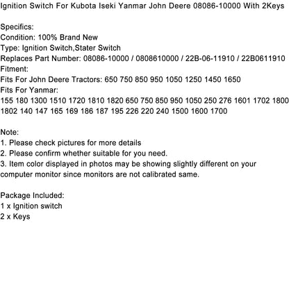 08086-10000 John Deere Kubota Yanmar Iseki Ignition Switch W/2 Keys
