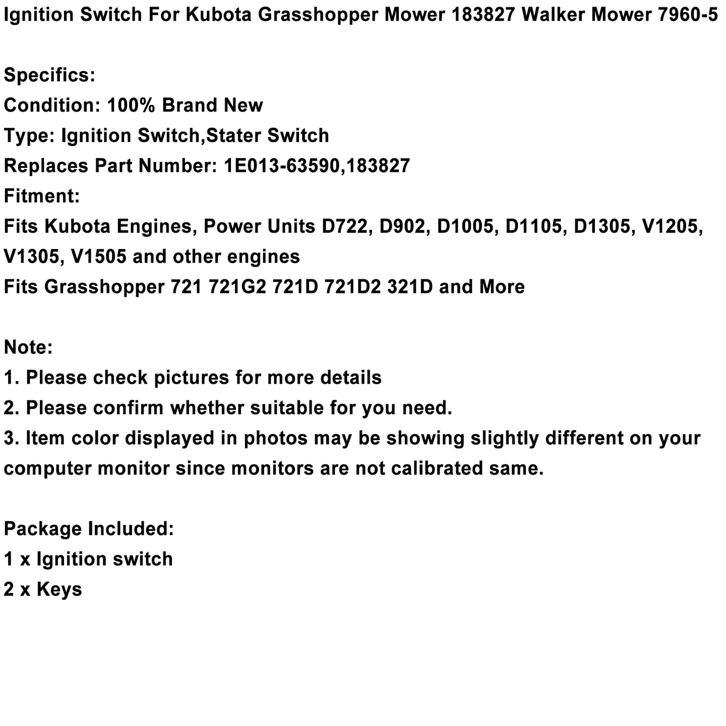 Ignition Switch For Kubota Mower 183827 Walker Mower 7960-5