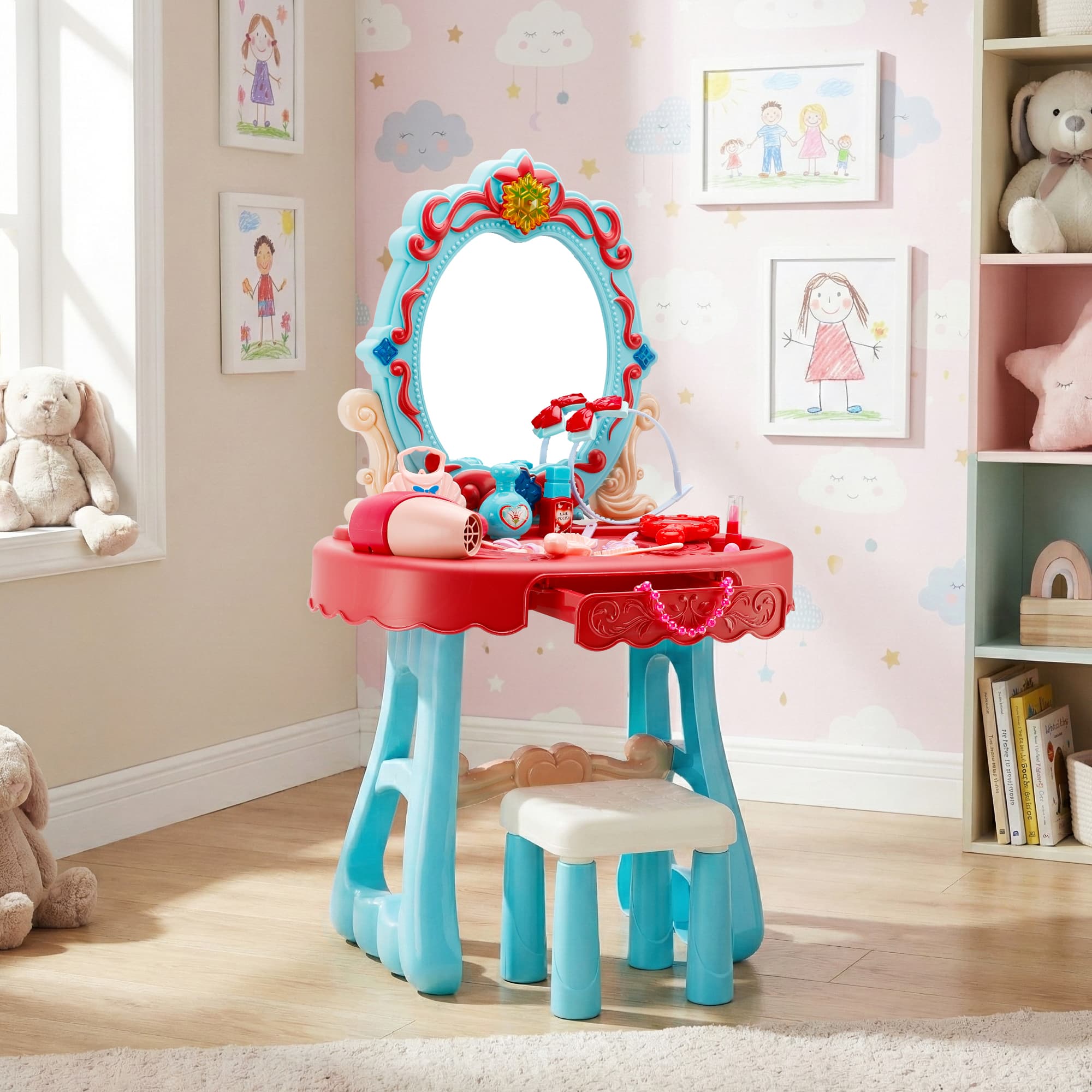 Toddler Makeup Table with Mirror and Chair Kids Vanity Set with Blowdryer for 3+