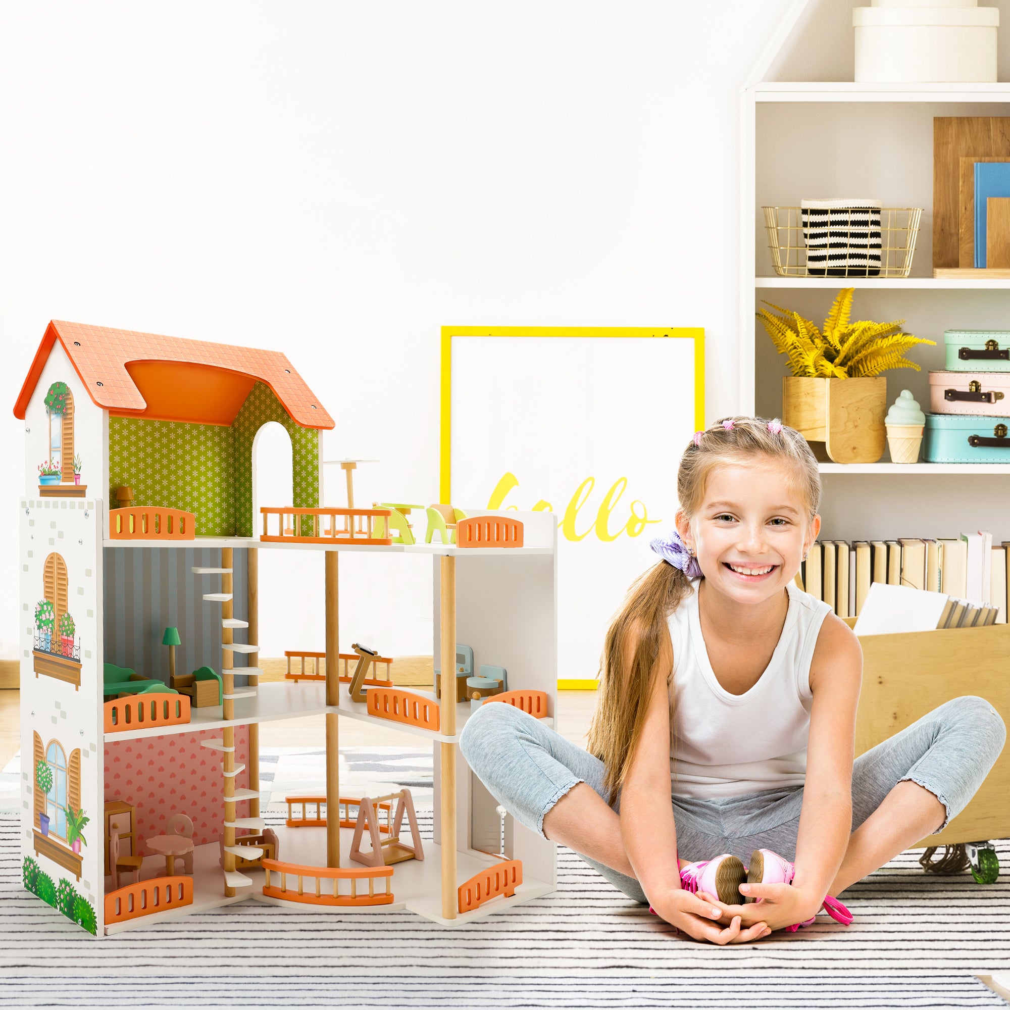 3 Story Wooden Doll House With Balcony 23 Accessories Toy Gift For 3 +Years Kids