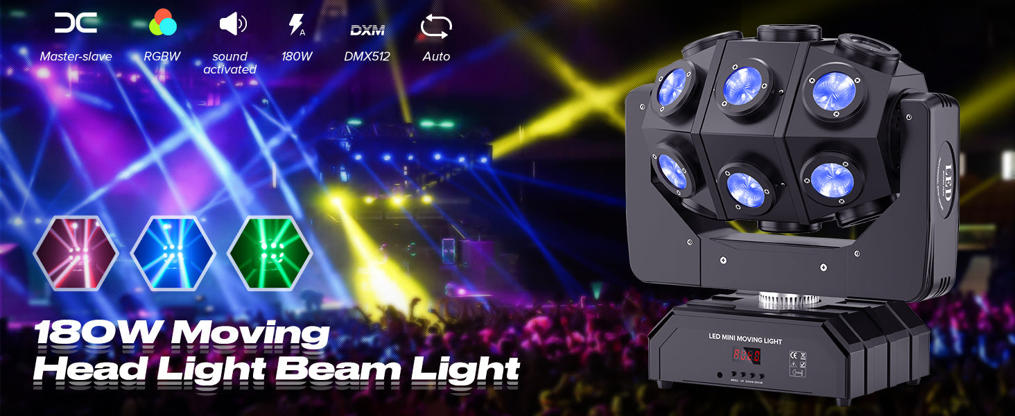 Moving Head Beam Light 180W Moving Head Light RGBW 360?¡ãRotation DJ Lights DMX 512 with Sound Activated