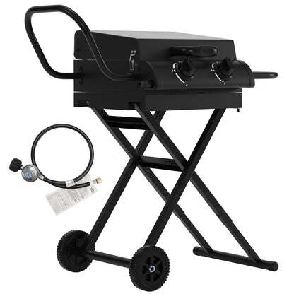 16,000 BTU 2-Burner Portable Propane Gas Griddle with Folding Scissor Legs, Hood & Side Shelf for Outdoor Cooking