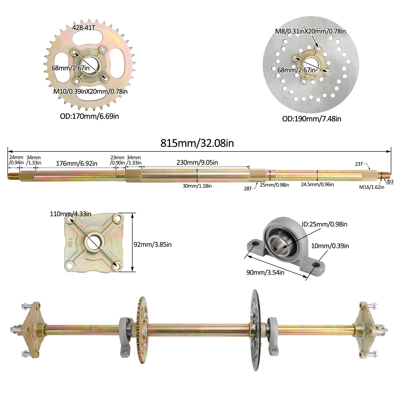Various ATV Quad Go Kart Rear Live Axle Kit Sprocket Brake Wheel (Copy)