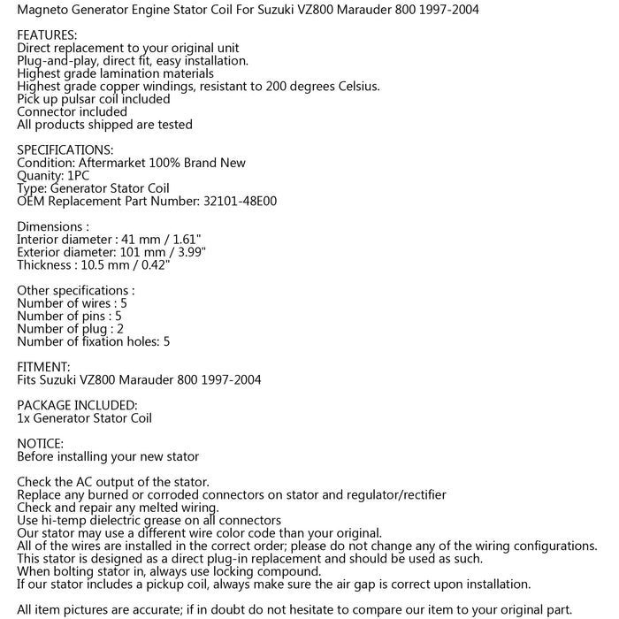 1997-2004 Suzuki VZ800 Marauder 800 32101-48E00 Generator Stator Coil