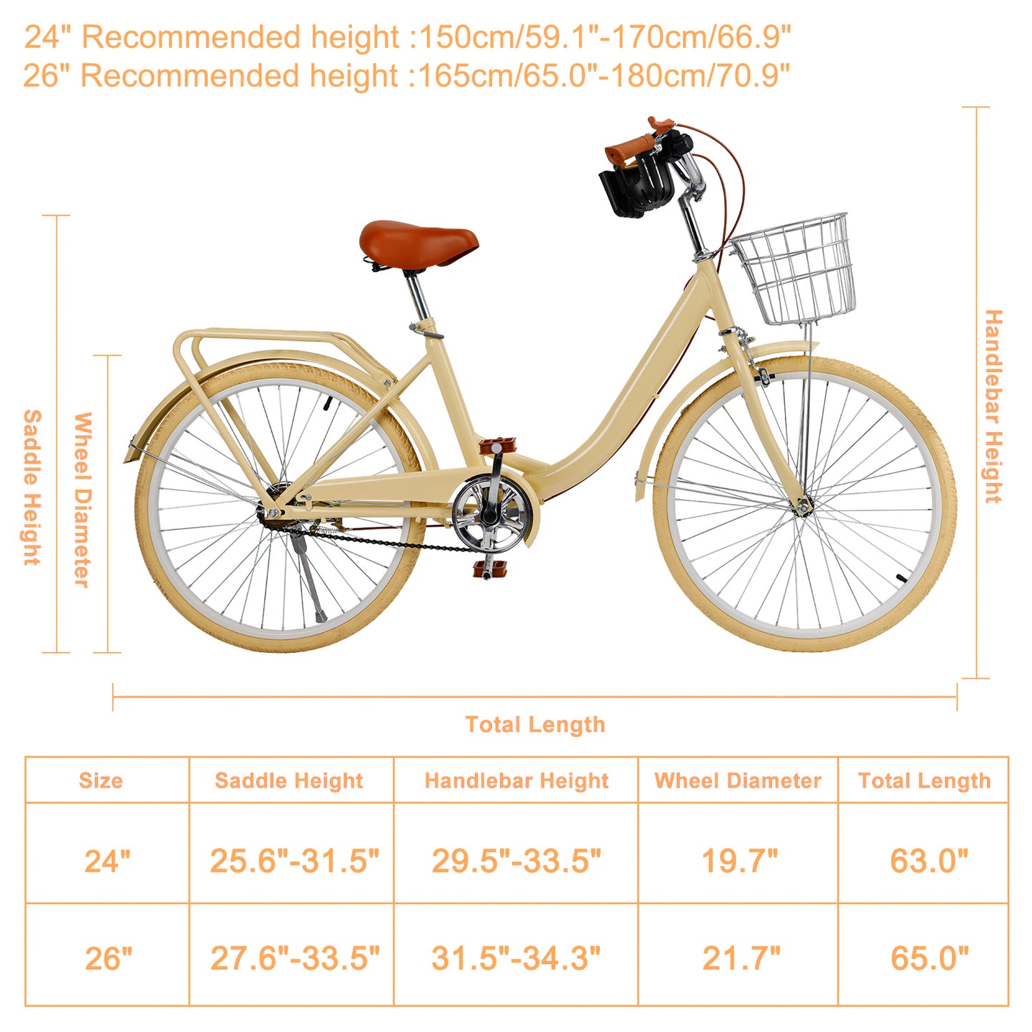 24/26 inch Women City Bicycle Beach Cruiser Bike with Basket & Rack