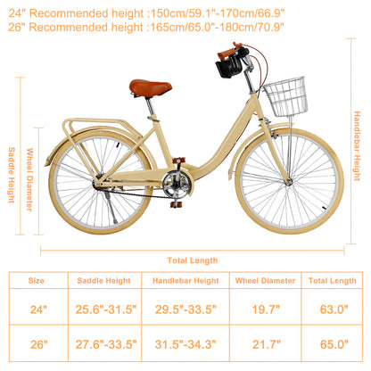 24/26 inch Women City Bicycle Beach Cruiser Bike with Basket & Rack