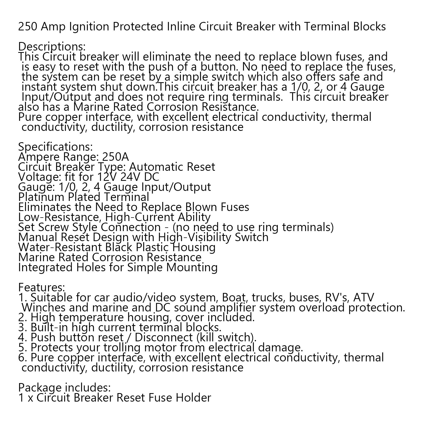 250A Circuit Breaker Ignition Protected Inline Reset Replace Fuse For Car Marine 250A AMP Circuit Breaker Ignition Inline Replace Reset Fuse For Car Audio Marine 250A Circuit Breaker Ignition Inline Automatic Reset Fuse For Car Audio Marine