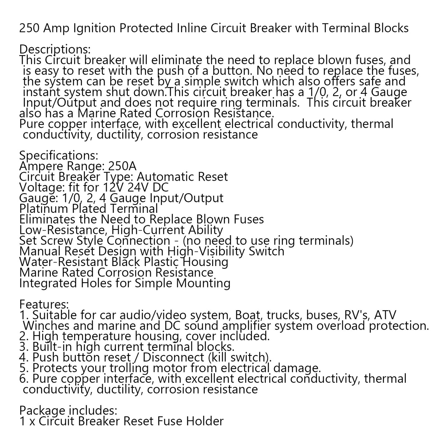250A Circuit Breaker Ignition Protected Inline Reset Replace Fuse For Car Marine 250A AMP Circuit Breaker Ignition Inline Replace Reset Fuse For Car Audio Marine 250A Circuit Breaker Ignition Inline Automatic Reset Fuse For Car Audio Marine