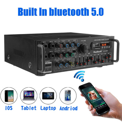 ☆2000W Bluetooth HiFi Power Amplifier Karaoke USB EQ Mixer SUNBUCK with Remote Control for Car and Home