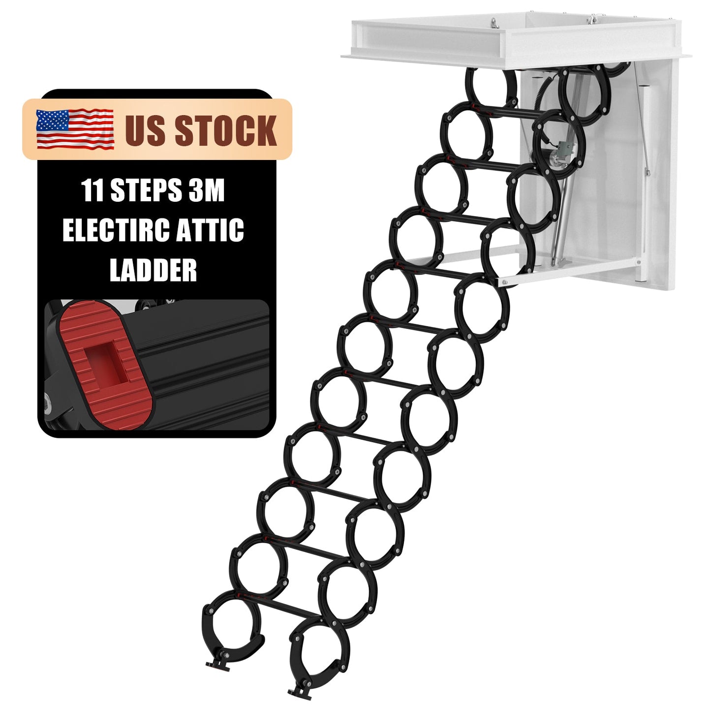 11 Steps 3m Electirc Attic Ladder Aluminum Folding With Remote Loft 31.5*35.4inch