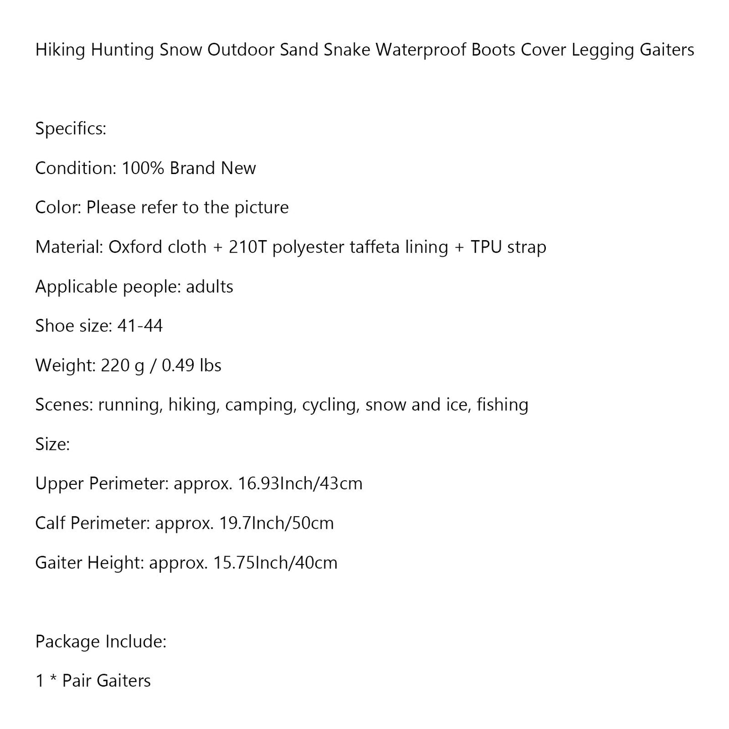 Outdoor Hiking Hunting Snow Waterproof Boot Cover Leg Gaiters