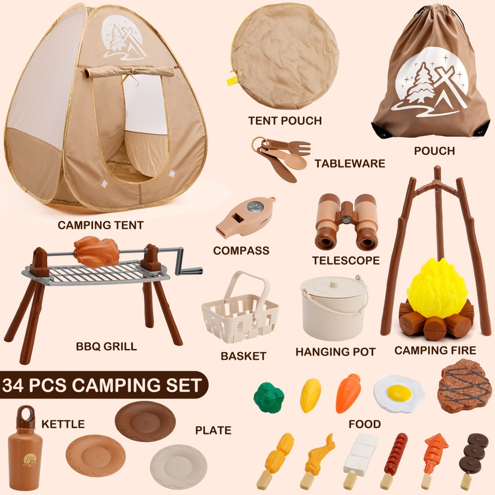 Kids Camping Set with Tent 34Pcs Camping Pretend Play Set with Light-Up Campfire