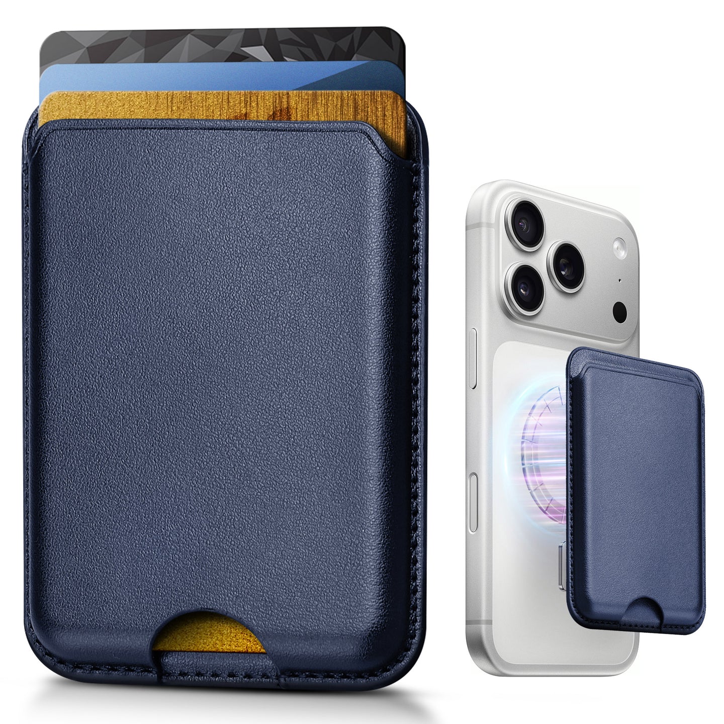 Magnetic Card Holder MagSafe Wallet 3 Card Holder RFID Protection iPhone Wallet Magnetic Strength Vegan Leather for iPhone 17/16/15/14/13/12 Series and Selected Samsung Devices Dark Blue