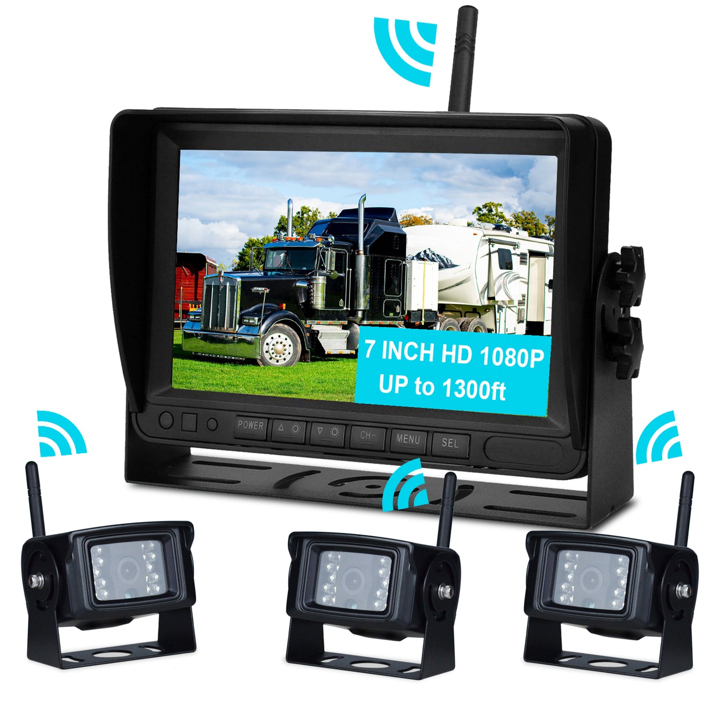 3 Camera Wireless AHD 1080P Backup Camera System with 7" Split Screen Monitor & DVR Recording for Truck, RV, Trailer