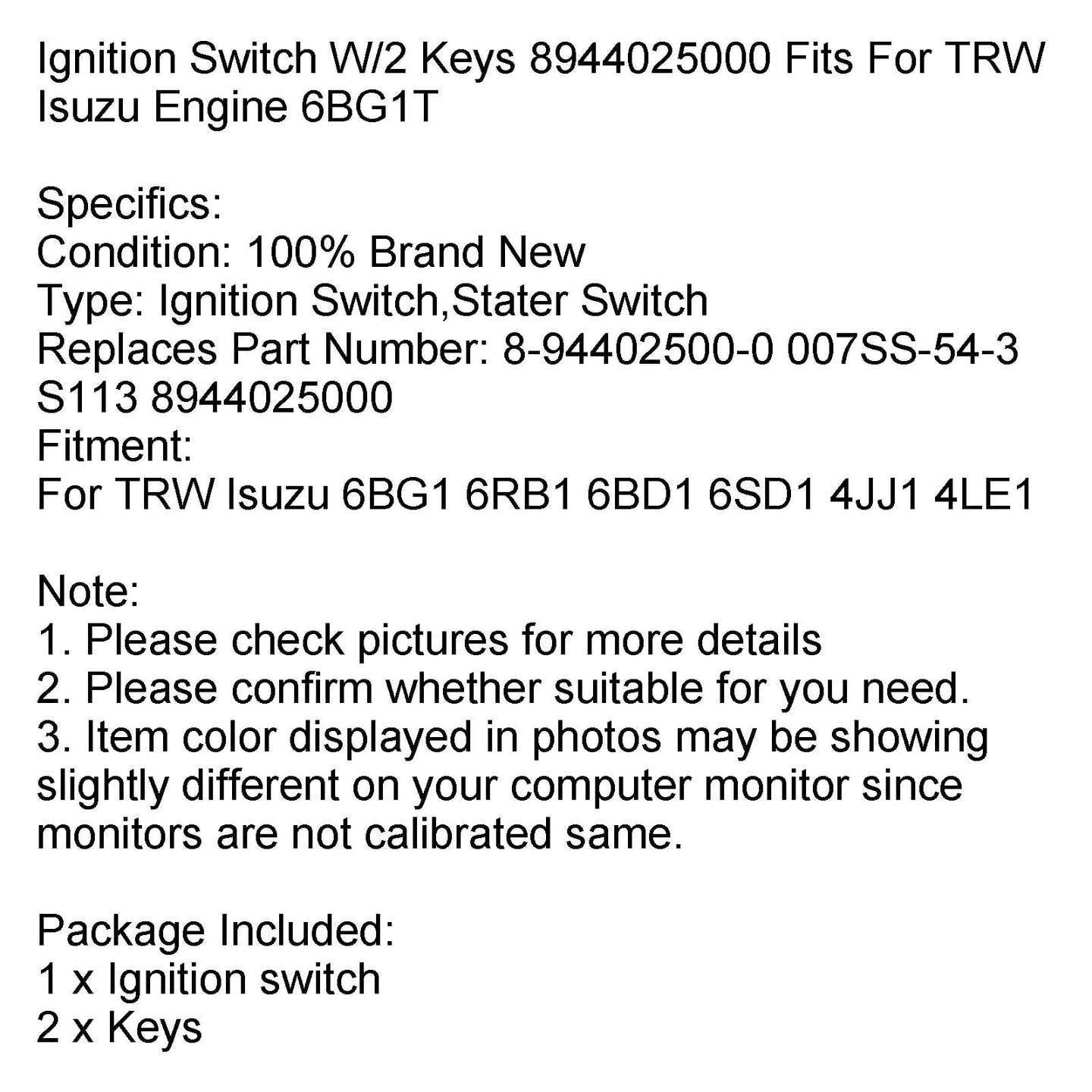 Ignition Switch W/2 Keys 8944025000 For TRW Isuzu Engine 6BG1T