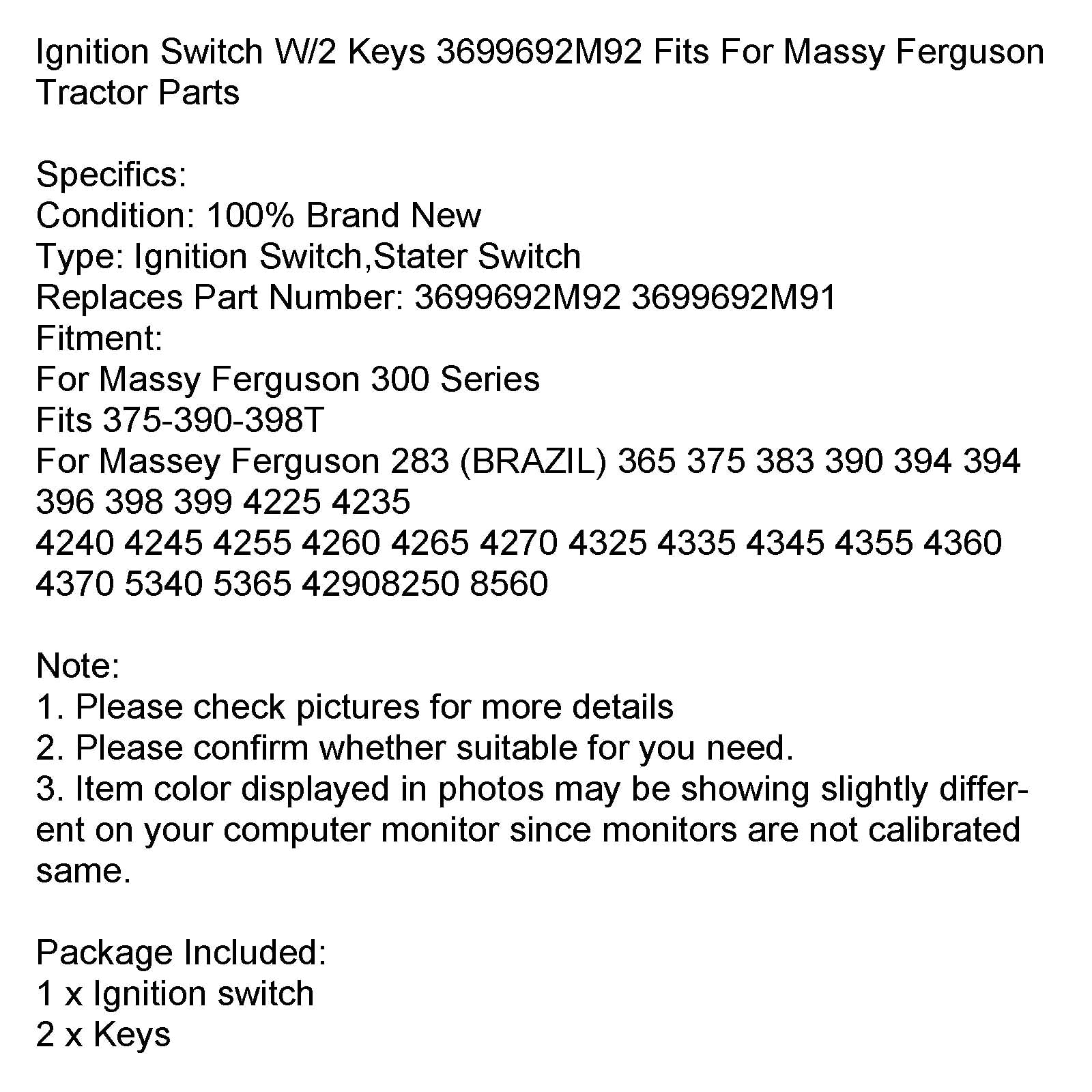 Ignition Switch W/2 Keys 3699692M92 Fits For Massy Ferguson Tractor Parts