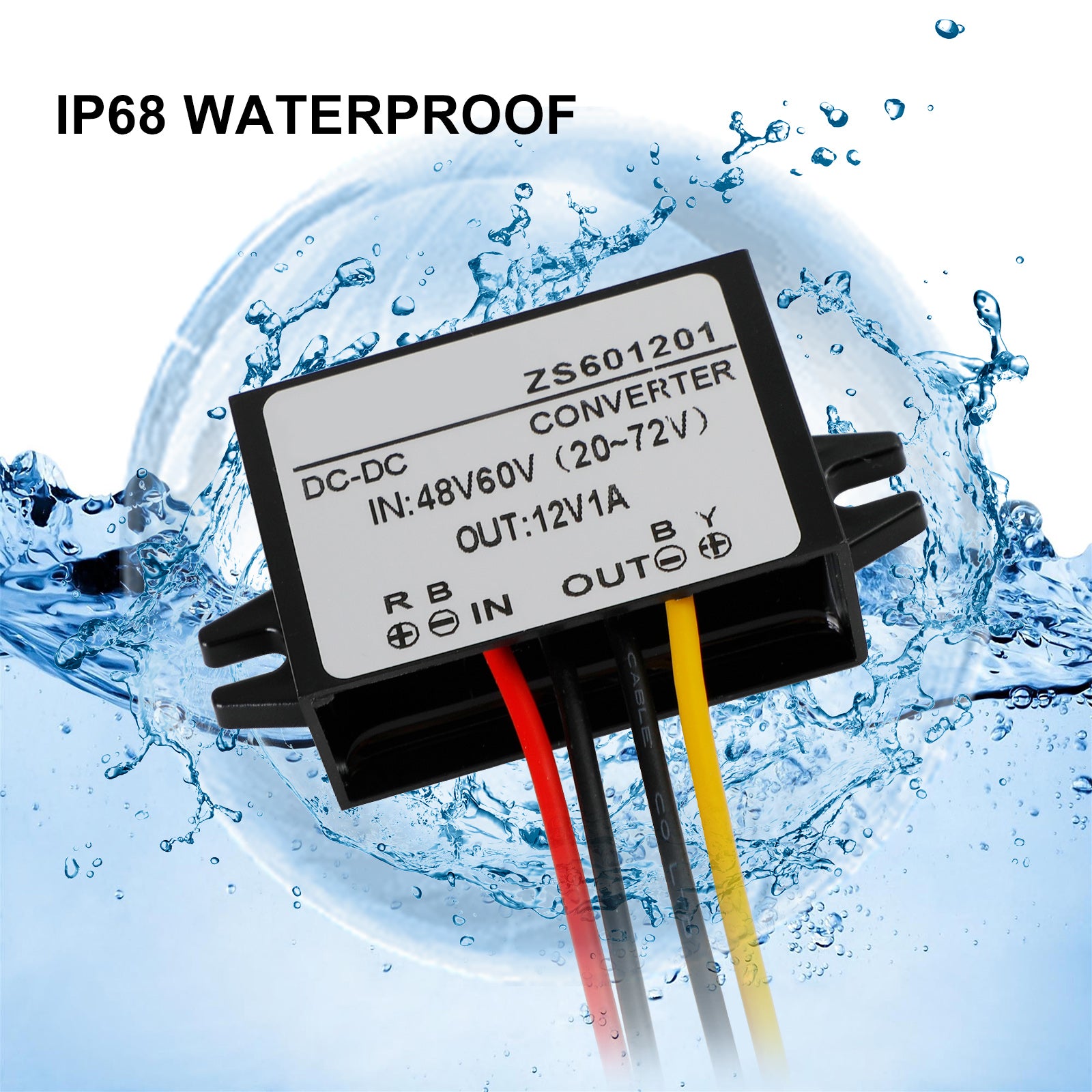 DC-DC Step Down Converter 20-72V to 12V 3A 36W, IP68 Waterproof Power Regulator for Golf Cart, Boat & Solar