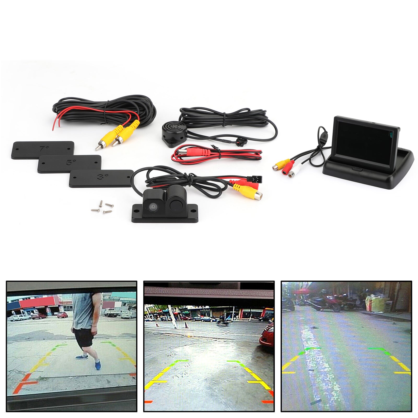 Car Rear Camera Parking Sensor Radar + Beeper + 4.3" LCD Fold Mirror Kit