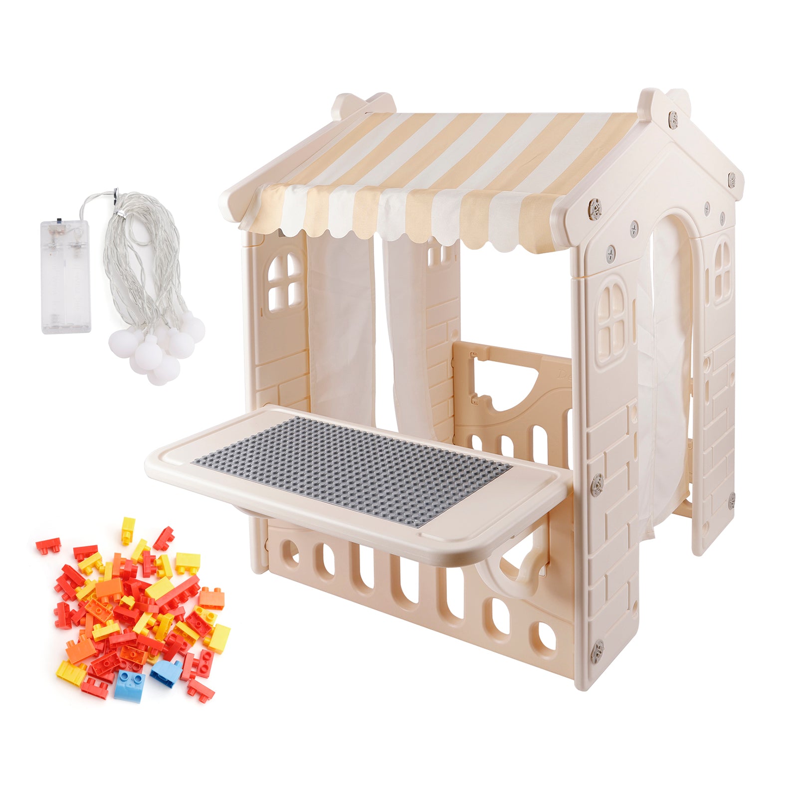 Kids Playhouse with Lights & Building Blocks, Foldable Plastic Outdoor Play Tent for Toddlers & Backyard Fun