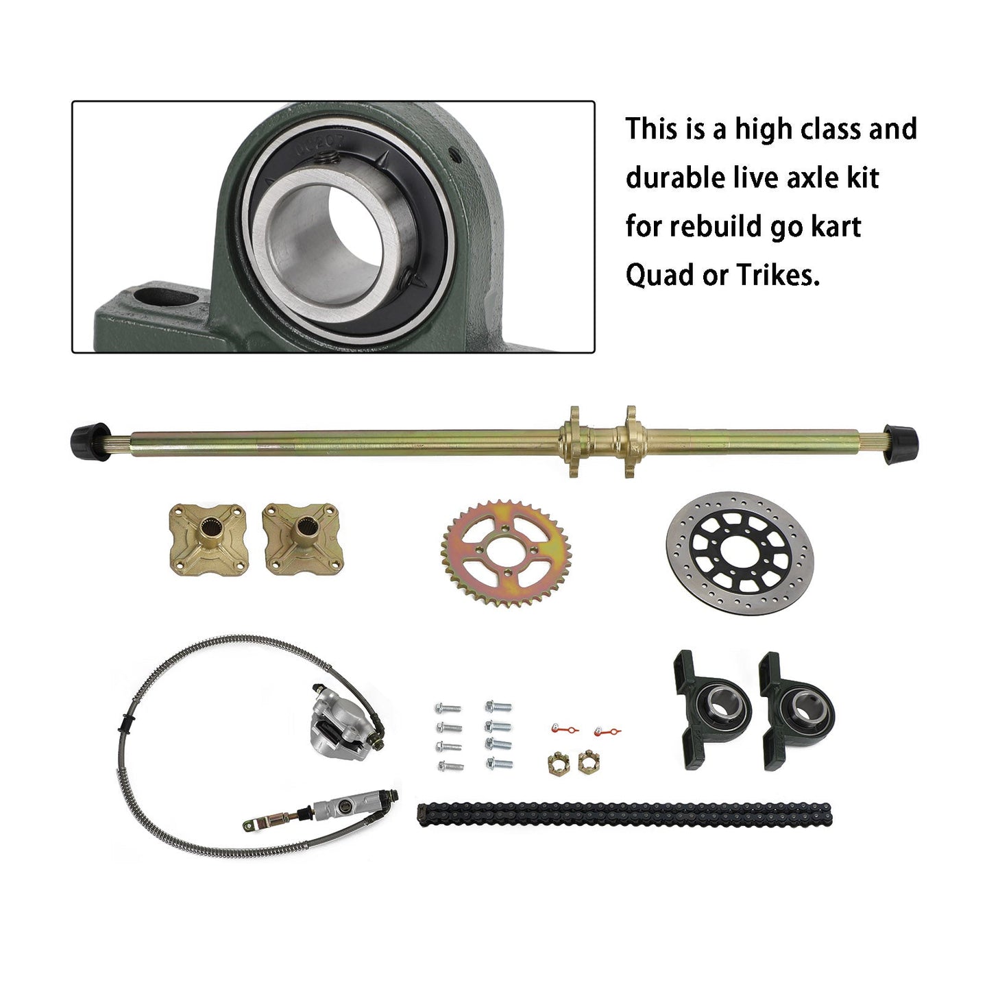 44.8" (1140mm) Rear Live Axle Assembly, Complete Kit with Brake, 37T Sprocket, Hubs & 530 Chain for Go Kart ATV Quad