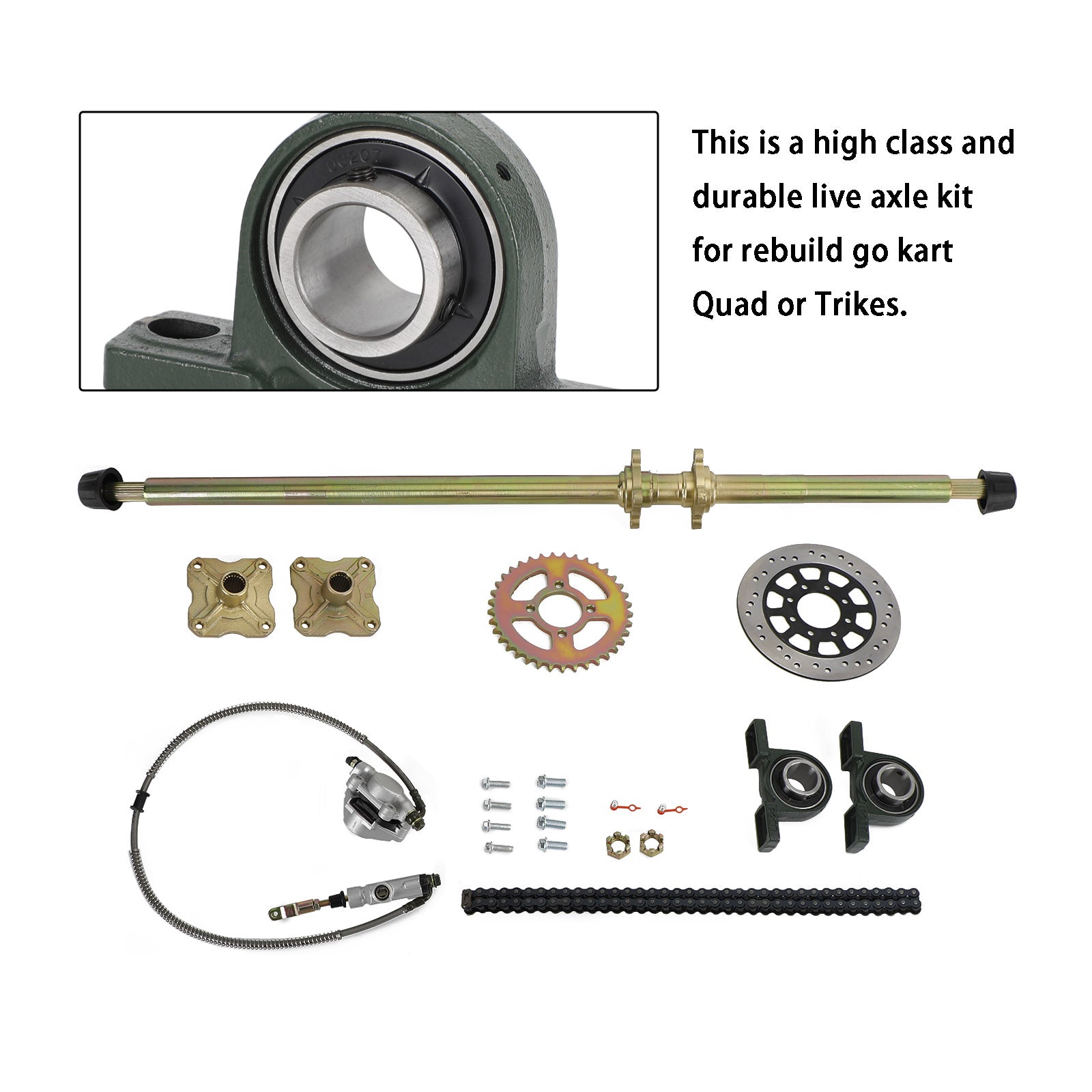 44.8" (1140mm) Rear Live Axle Assembly, Complete Kit with Brake, 37T Sprocket, Hubs & 530 Chain for Go Kart ATV Quad