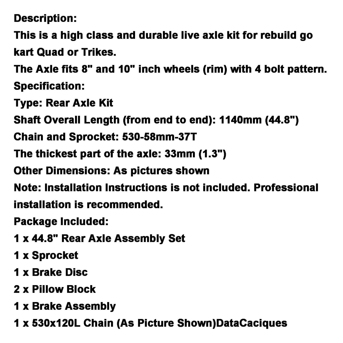 44.8" (1140mm) Rear Live Axle Assembly, Complete Kit with Brake, 37T Sprocket, Hubs & 530 Chain for Go Kart ATV Quad