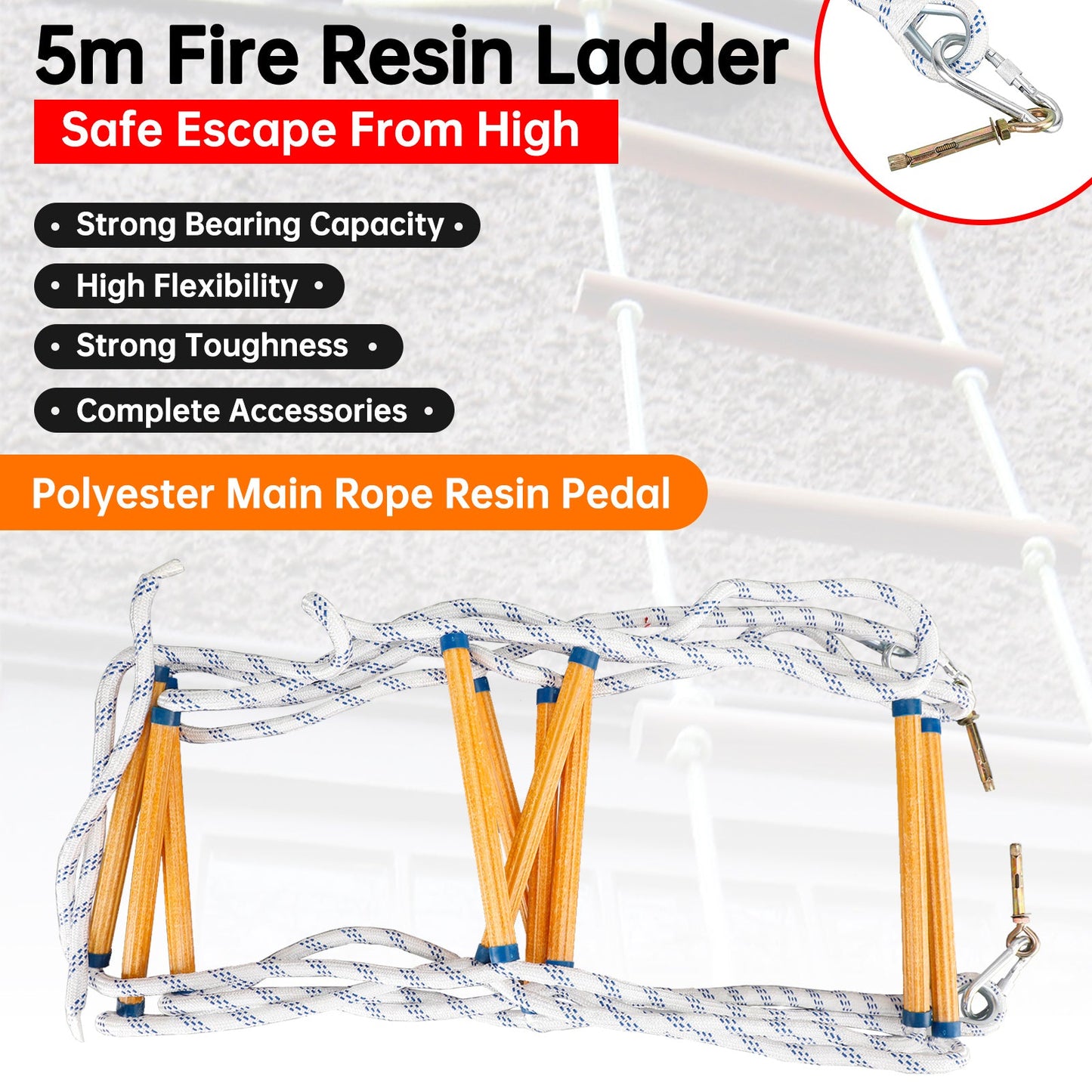 5M (16ft) Folding Fire Escape Ladder for 2-Story Windows, 660 lbs Capacity, Portable Emergency Rope Ladder
