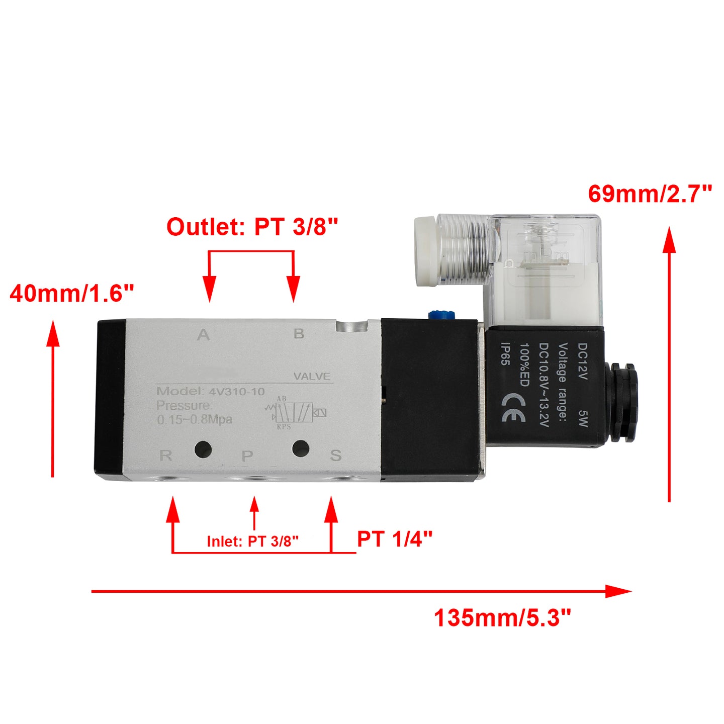 Pneumatic Electric Solenoid Air Valve 4V310-10 2 Position 5 Way PT 3/8", DC 12V