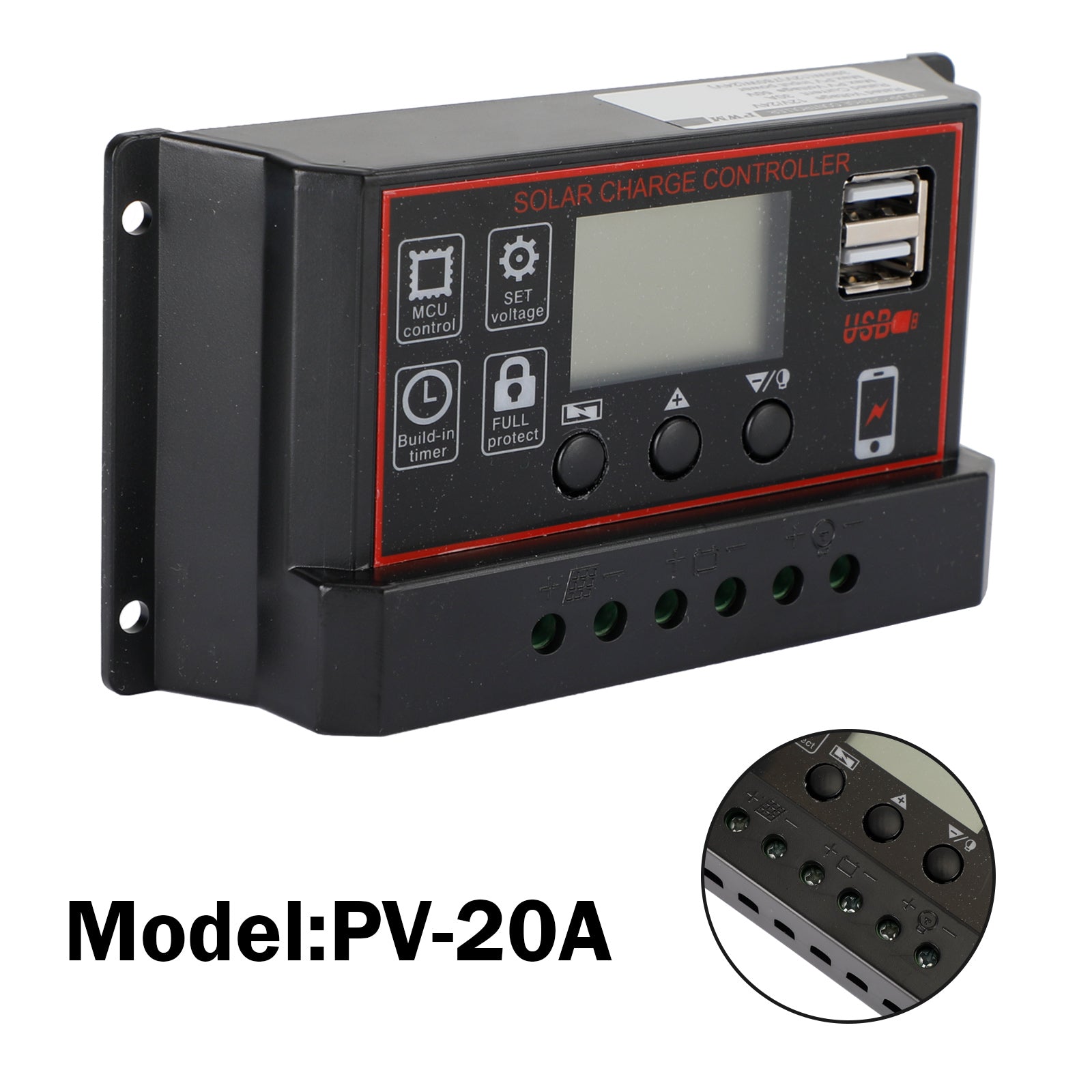 20A Solar Panel Battery Regulator Charge Controller PWM LCD Dual USB 12V/24V