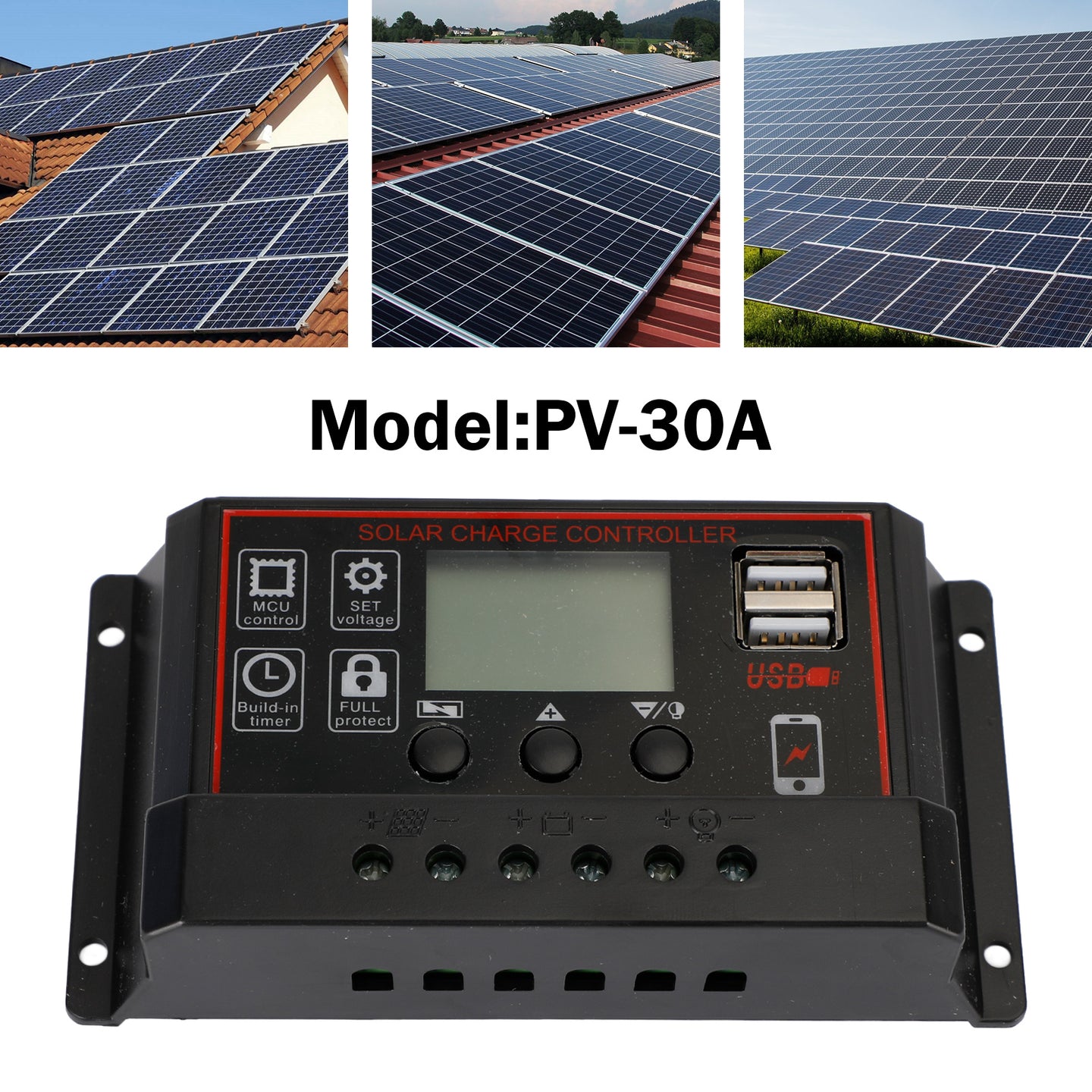30A Solar Panel Battery Regulator Charge Controller PWM LCD Dual USB 12V/24V