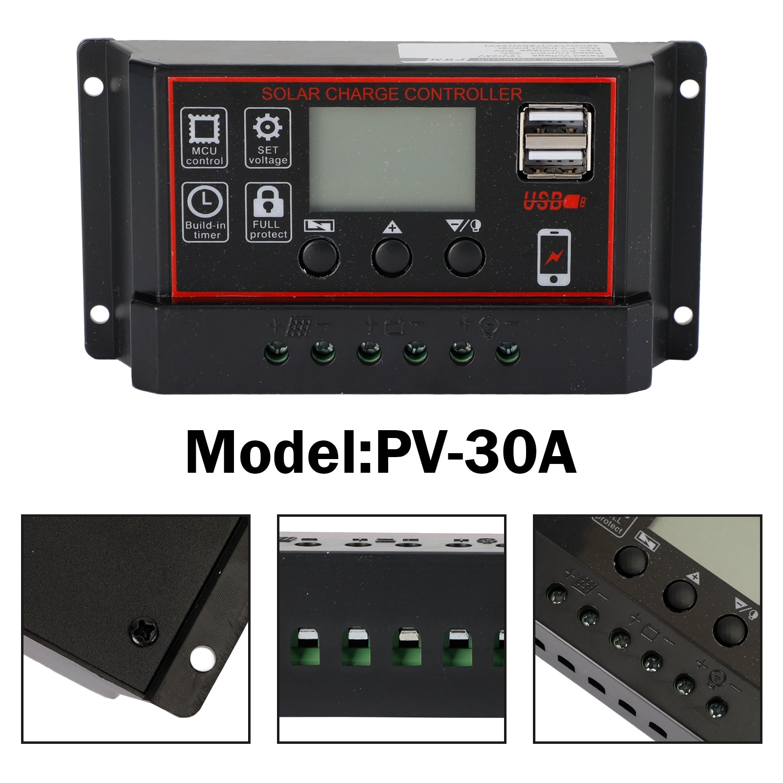 30A Solar Panel Battery Regulator Charge Controller PWM LCD Dual USB 12V/24V