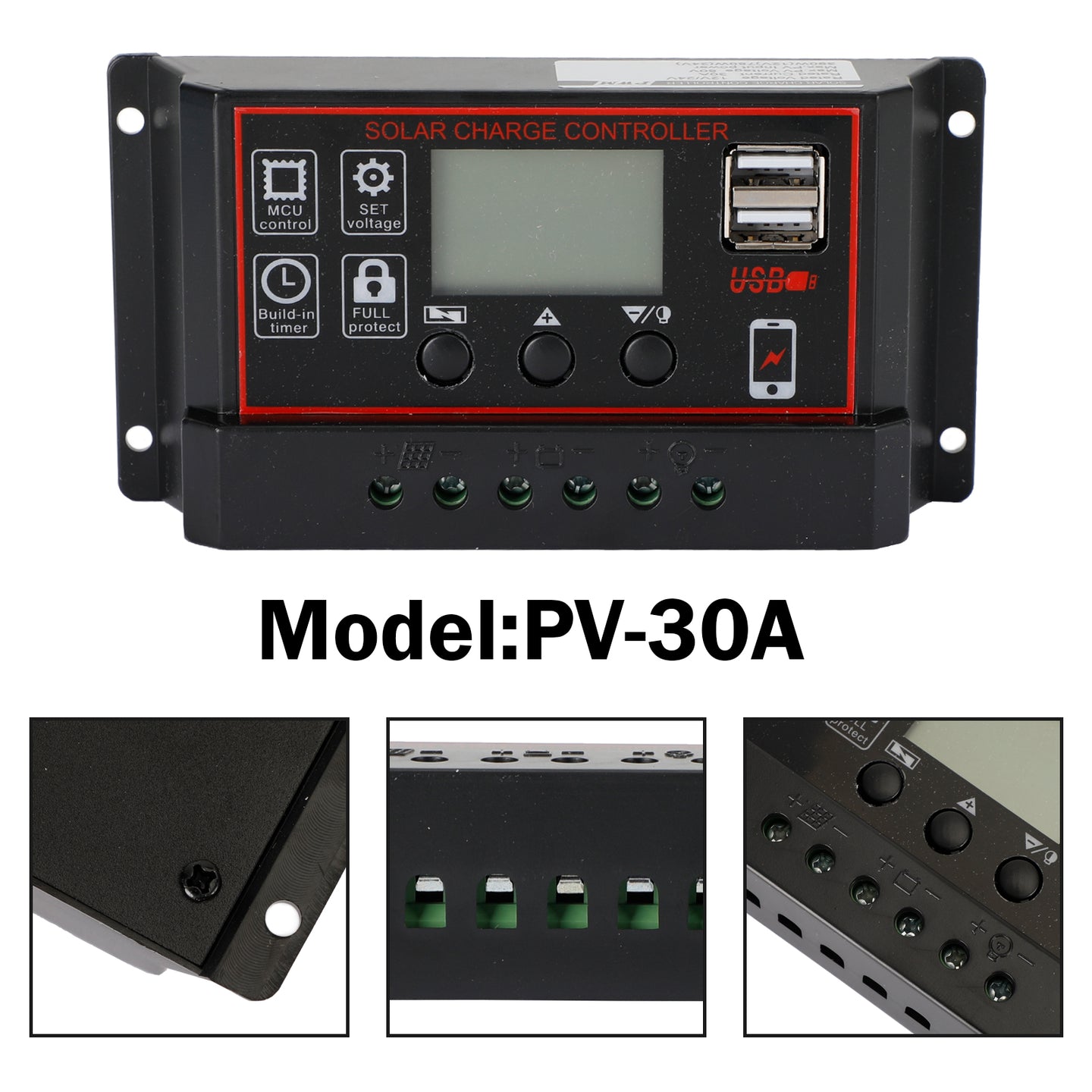 30A Solar Panel Battery Regulator Charge Controller PWM LCD Dual USB 12V/24V
