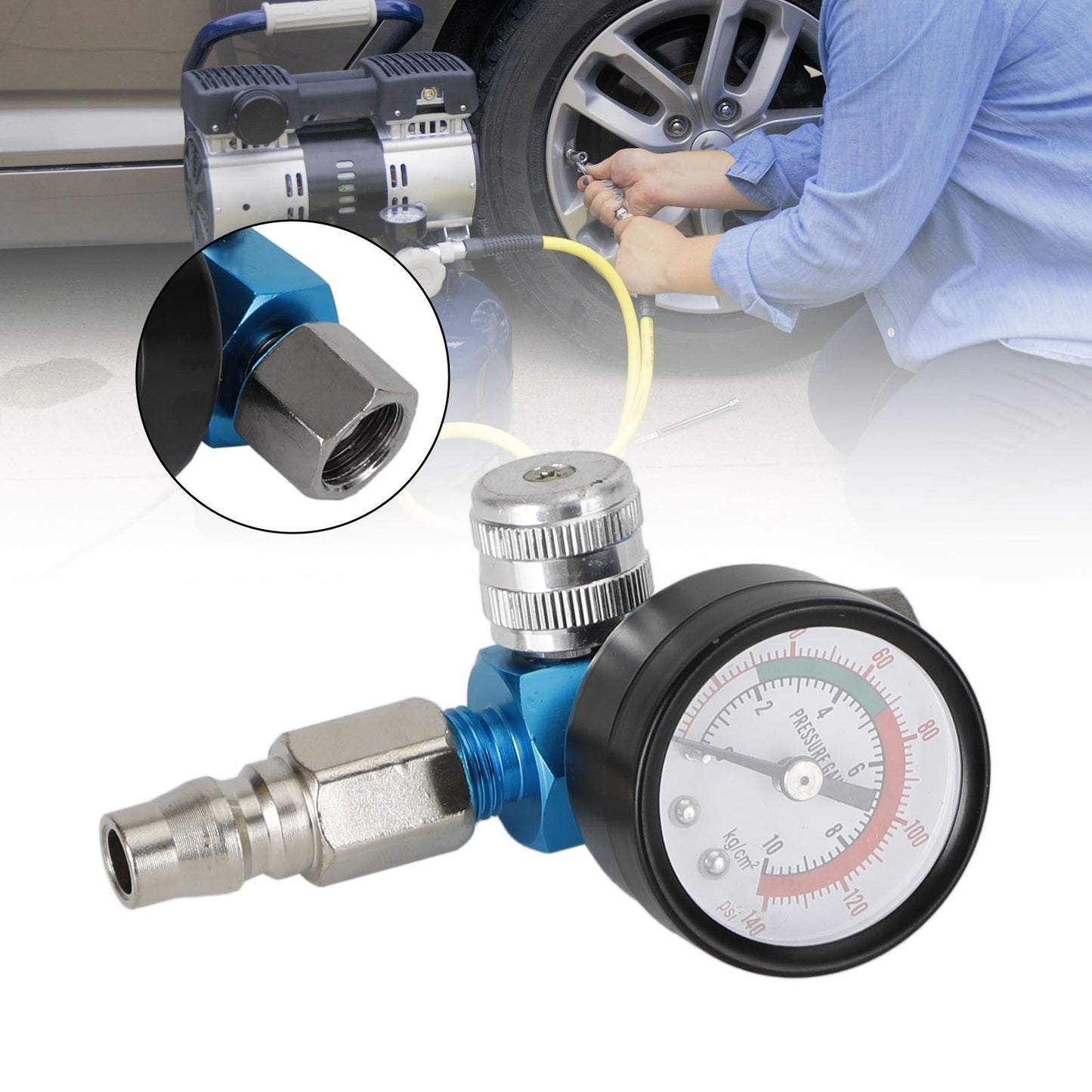 Blue Mini Air Regulator Valve Tool 1/4" Pressure Switch Gauge For Paint Gun