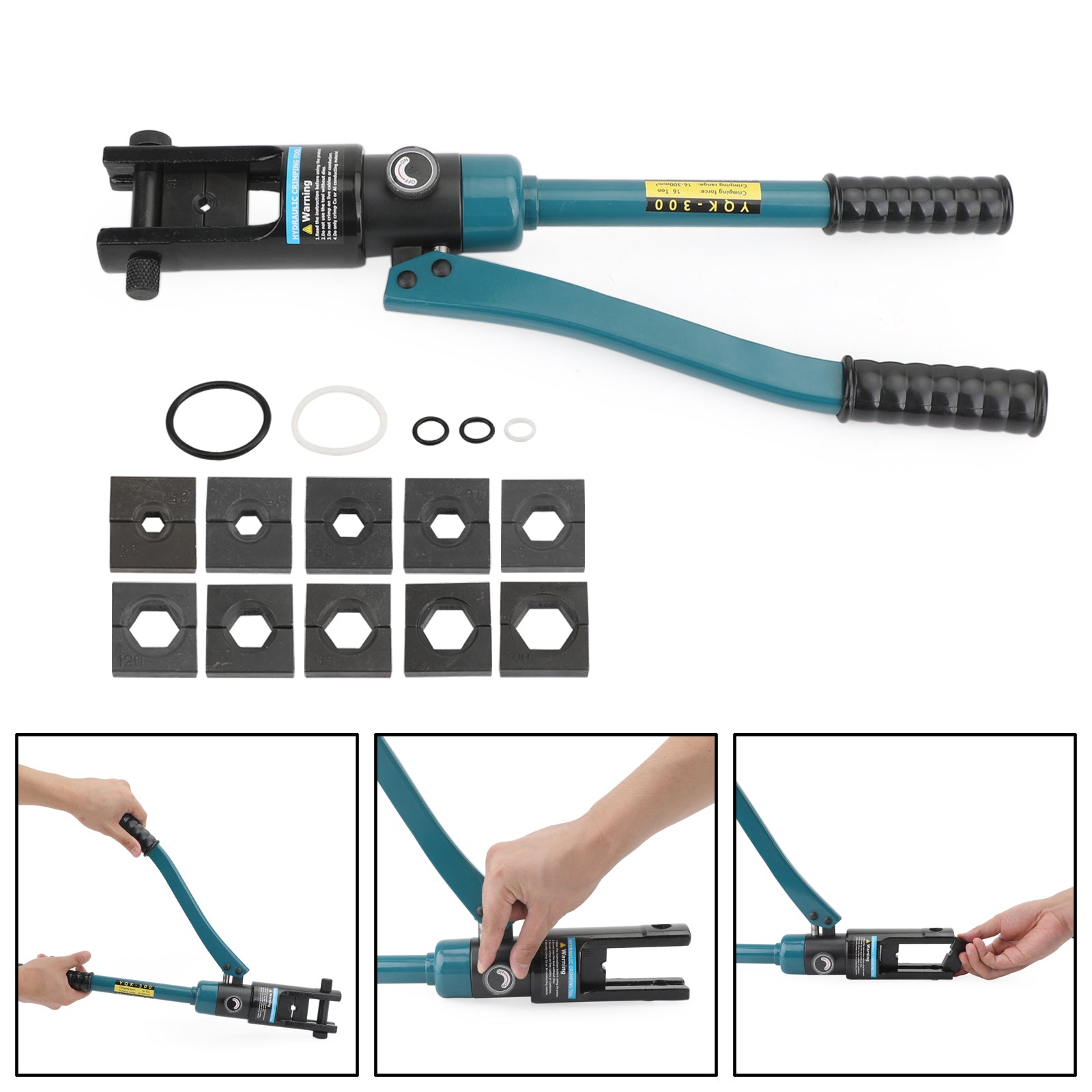16 Ton Hydraulic Cable Lug Crimper Tool Kit, 6 AWG - 600 MCM, with 11 Upgraded Black Dies & Case