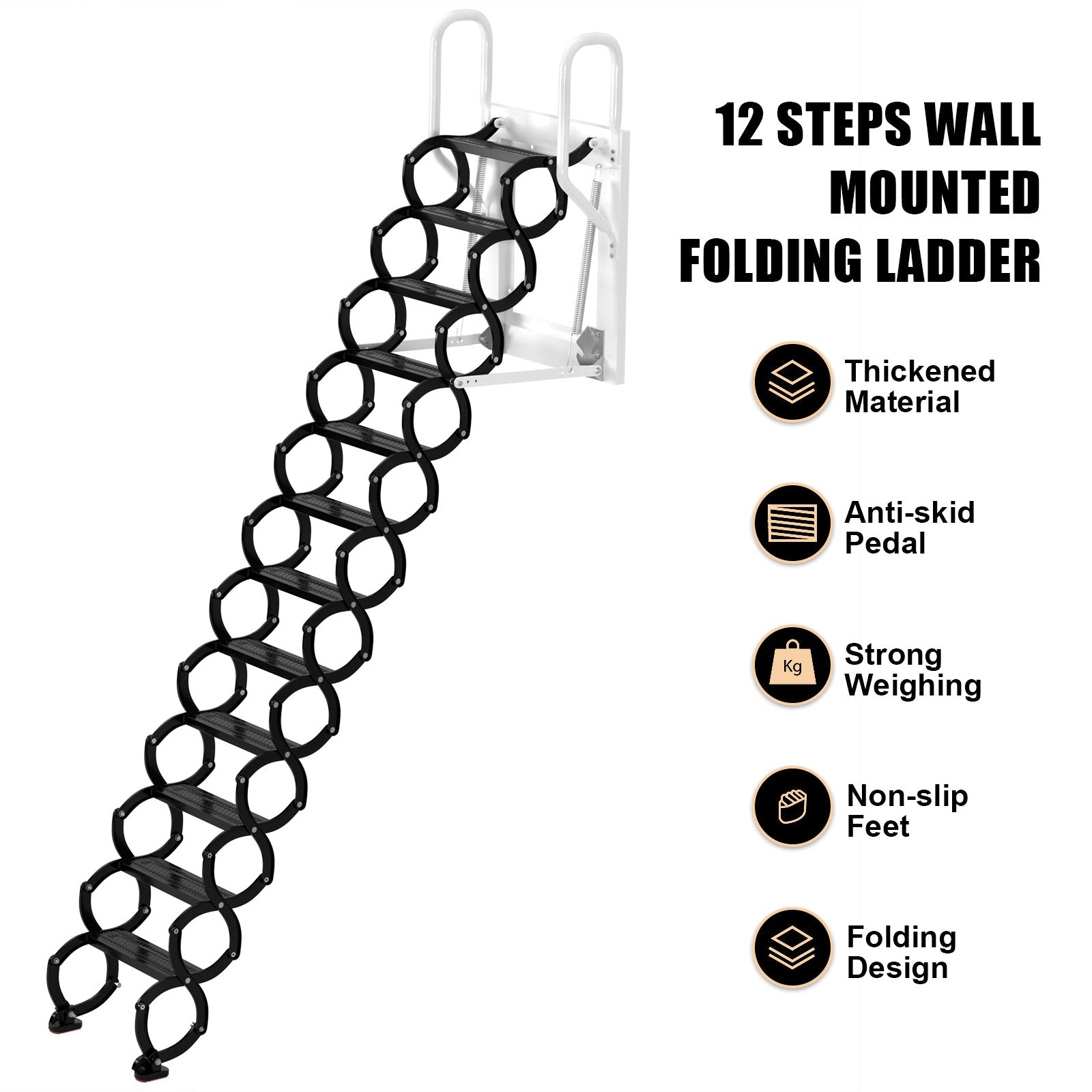 12-Step Folding Attic Ladder for 27.6" x 23.6" Wall Opening, 600 lbs Capacity Pull-Down Loft Stairs, up to 9.84ft Ceiling Height (Black)
