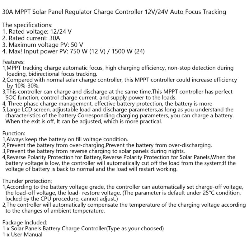 30A MPPT Solar Charge Controller, 12V/24V Auto Regulator for Lithium, Lead-Acid & Gel Batteries