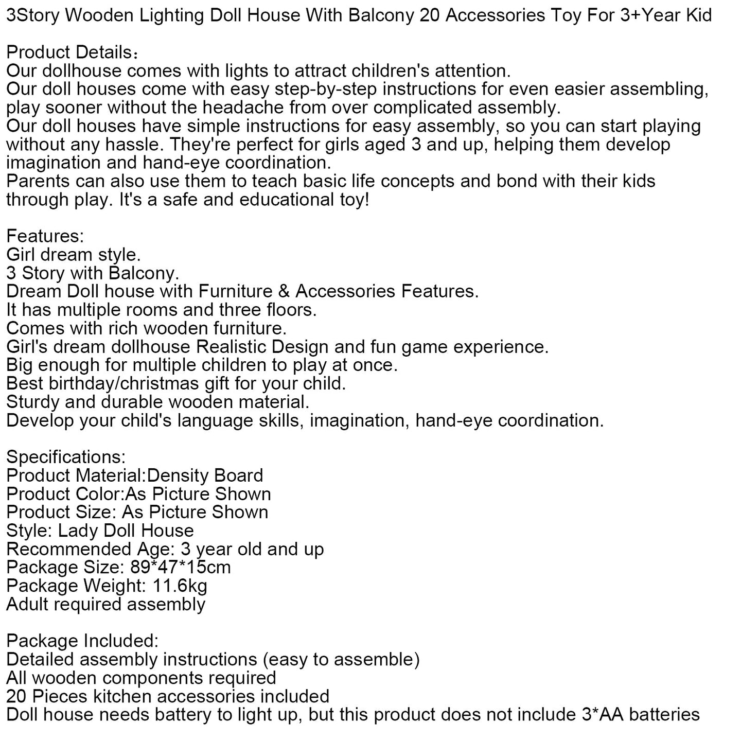 3Story Wooden Lighting Doll House With Balcony 20 Accessories Toy For 3+Year Kid