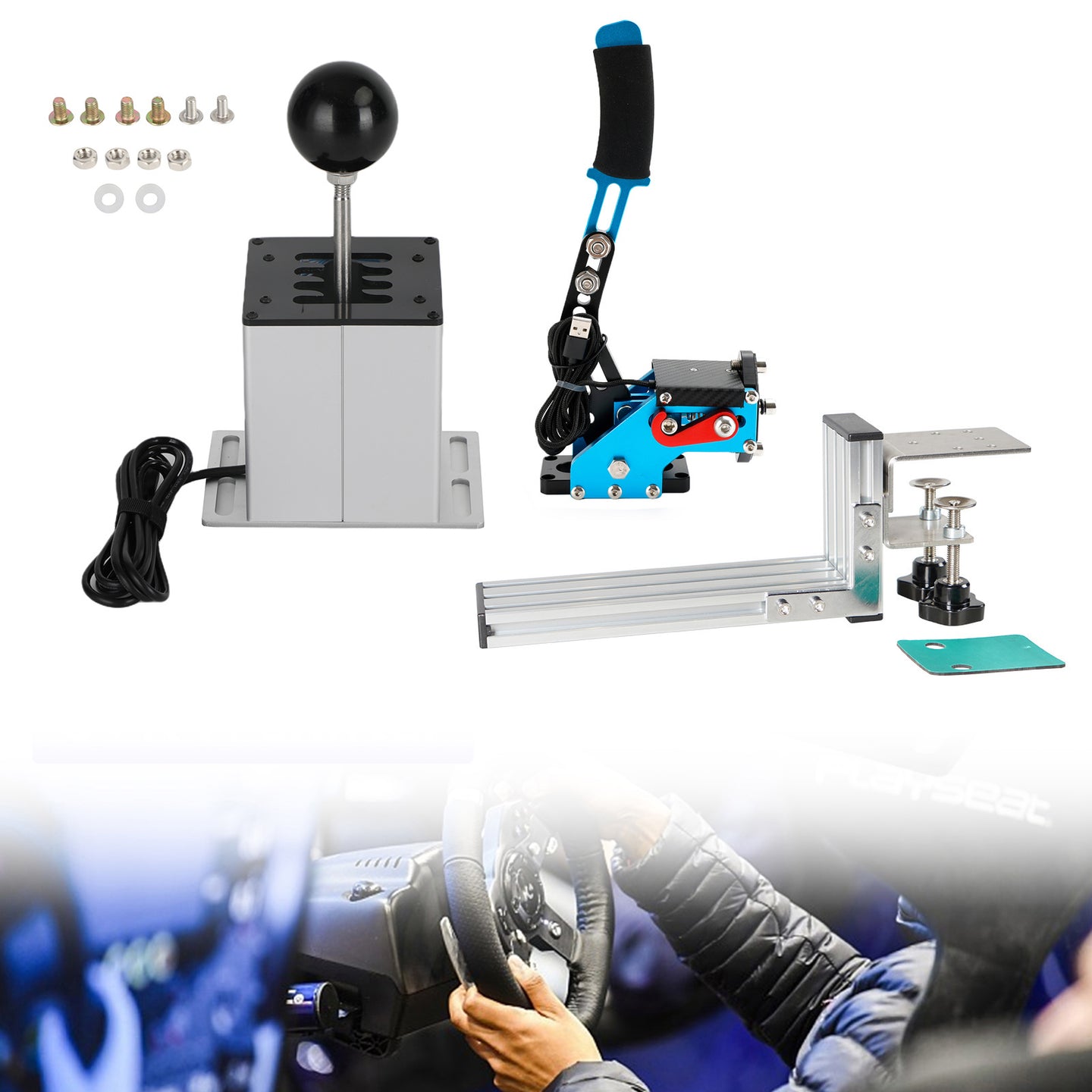USB Handbrake with L Clip and 7+R H Shifter for Logitech G25 G27 G29 Racing Game