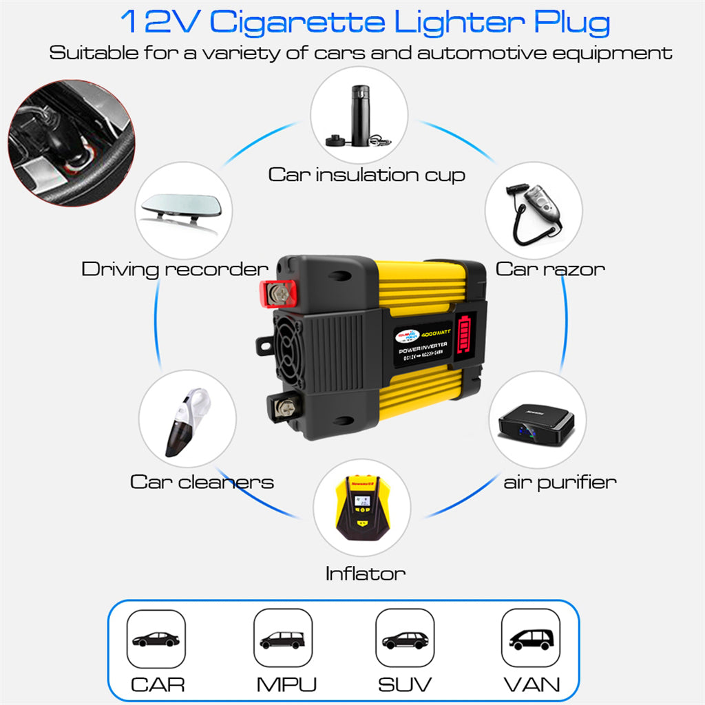 4000W Power Converter Inverter 12V 220V w LED Display Car Inverter Plug Adapter