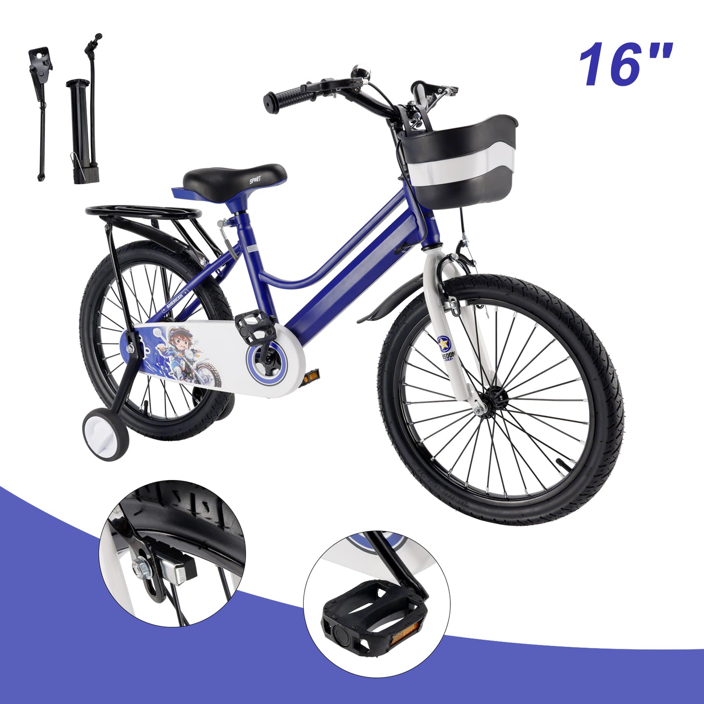 16" Kids Bike for Boys and Girls with auxiliary wheels & Rack Dark Blue